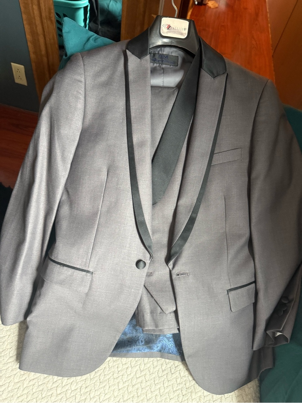 Michaels Gray Three-Piece Tuxedo with Black Satin Trim